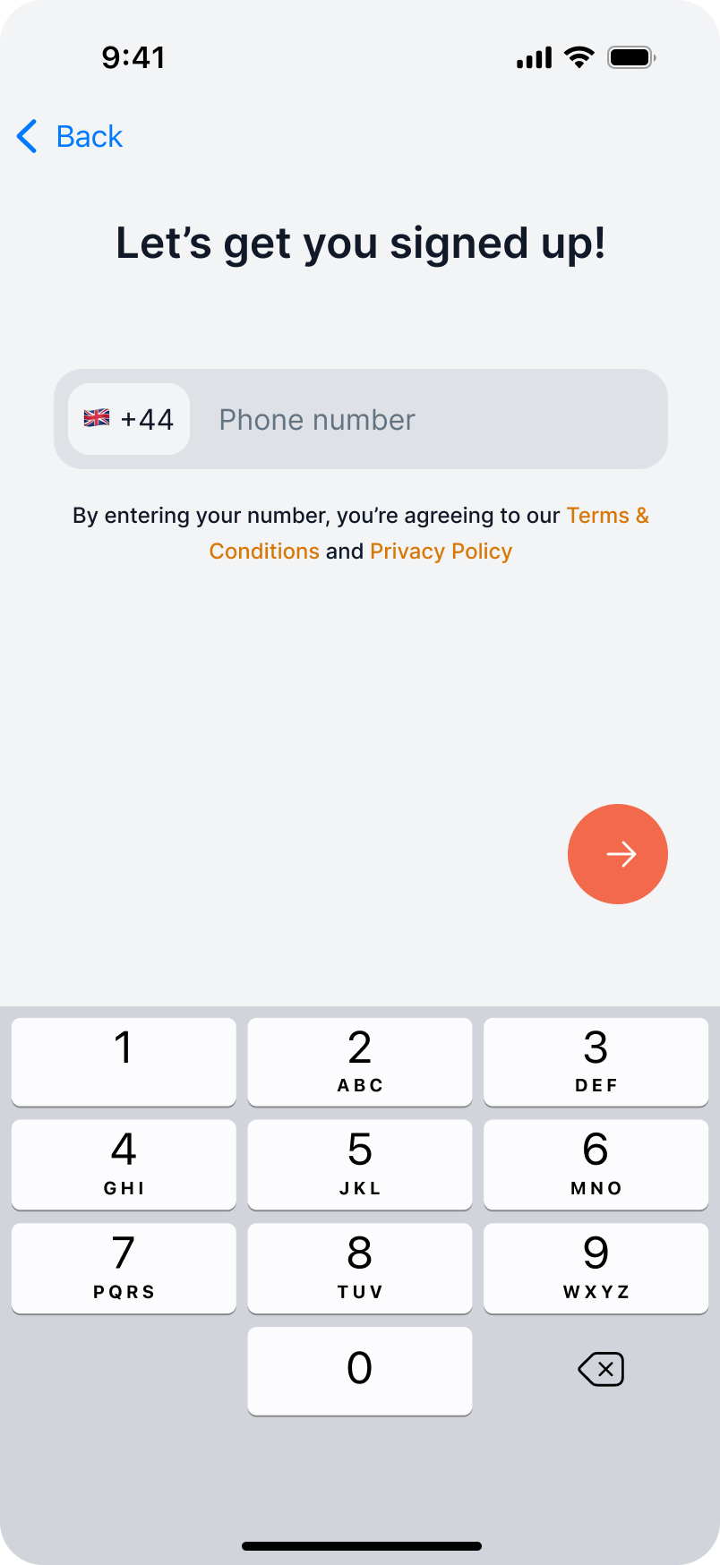 Phone number sign up screen