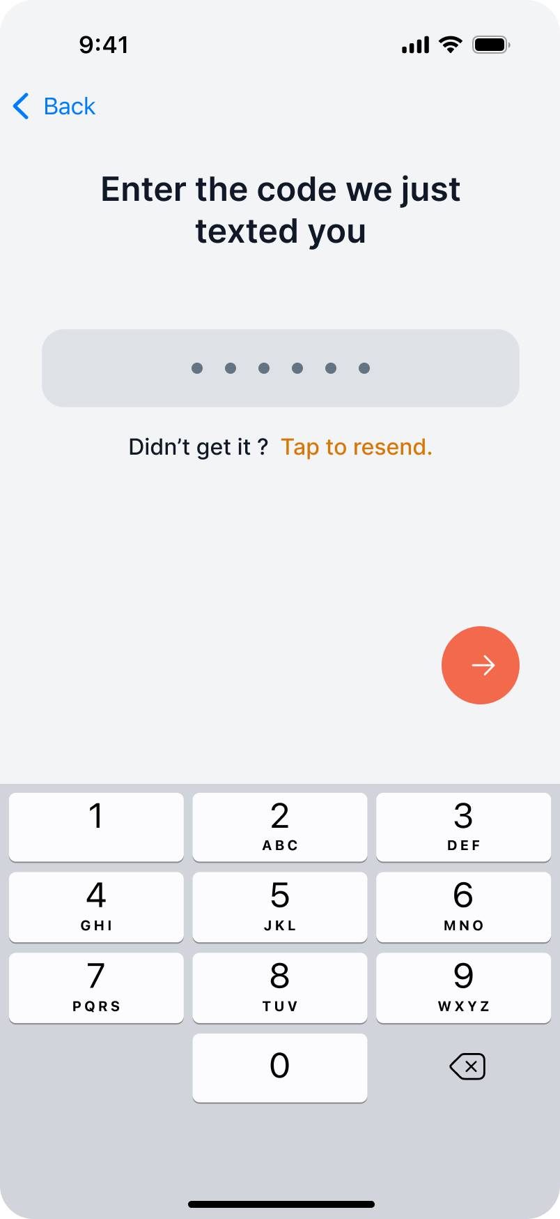 Enter verification code screen